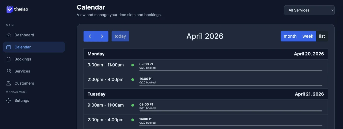 TimeLab calendar showing excursion time slots and bookings